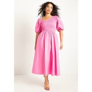 Eloquii Smocked Bodice Asymmetrical Neck Midi Dress - Pink - Plus Size 24